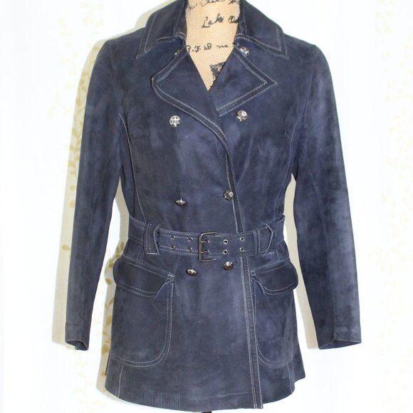 Vintage 1960s Mod Aleksander Norway Blue Lamb Leather Belted Jacket Women's S - Picture 1 of 16